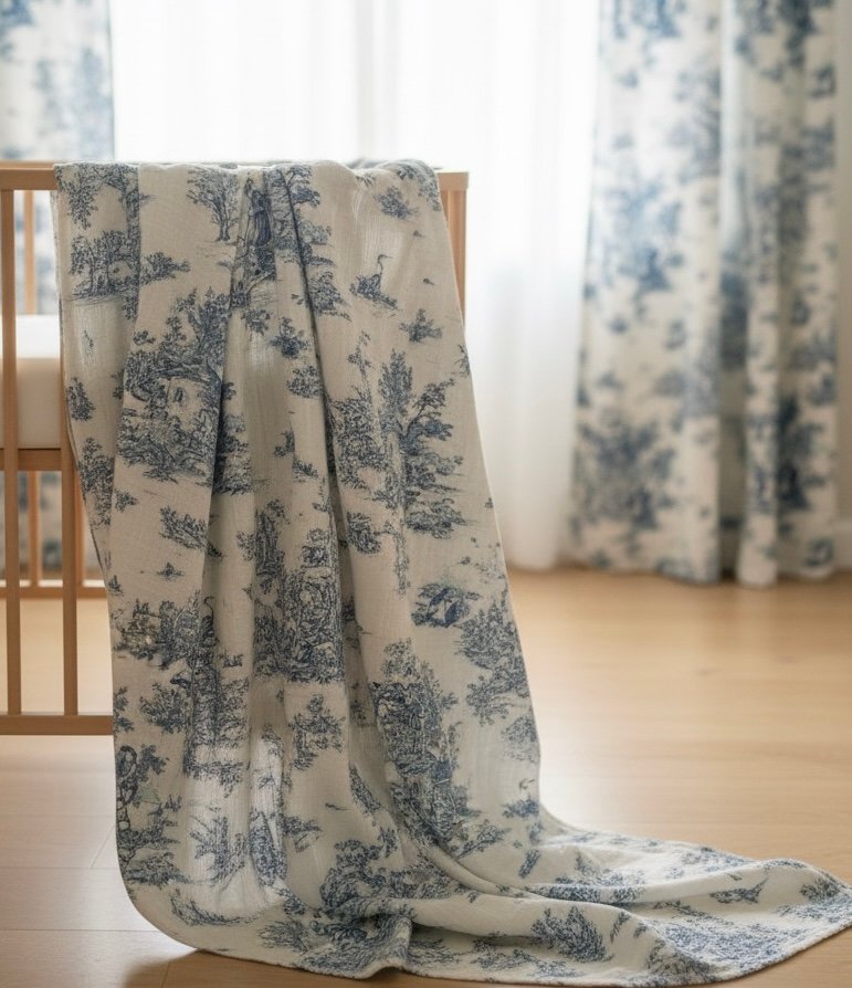 VİNTAGE BLUE TOİLE DE JOUY KULLANIMA HAZIR MÜSLİN ÖRTÜ